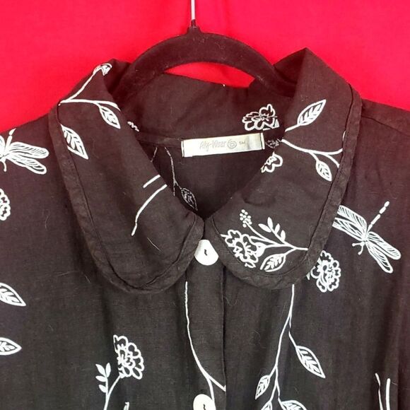 ALY WEAR Vintage Linen Floral Dragonfly Button Down Womens Size Small Lagenlook - Picture 2 of 9